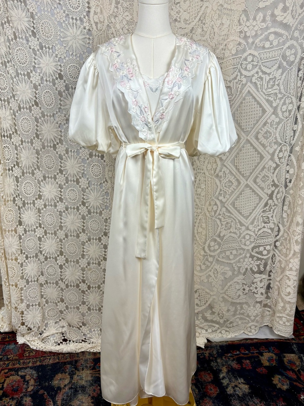 Miss Dior vintage bridal Lingerie white silk embroidered slip and peignoir set